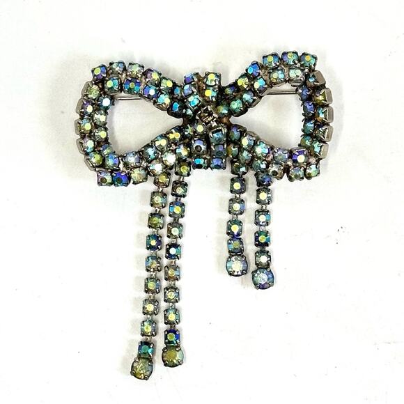 80’s Vintage Blue Rhinestone Cascading Bow Brooch - Picture 3 of 4